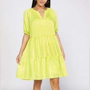 NWT Current Air Yellow Split Neck Dress w/ Slip Liner Size Large